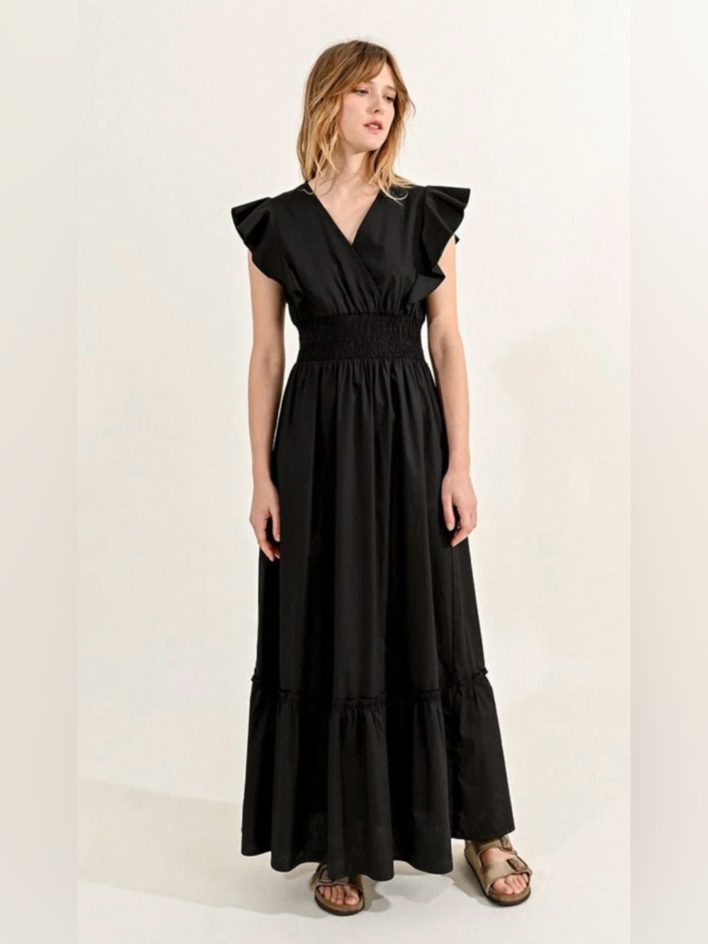 Molly Bracken Black Ruffled Sleeve Maxi Dress